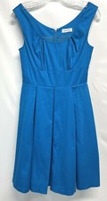 Calvin Klein A line Flare Dress Spring Summer Blue Stretch Cotton Lined Size 2