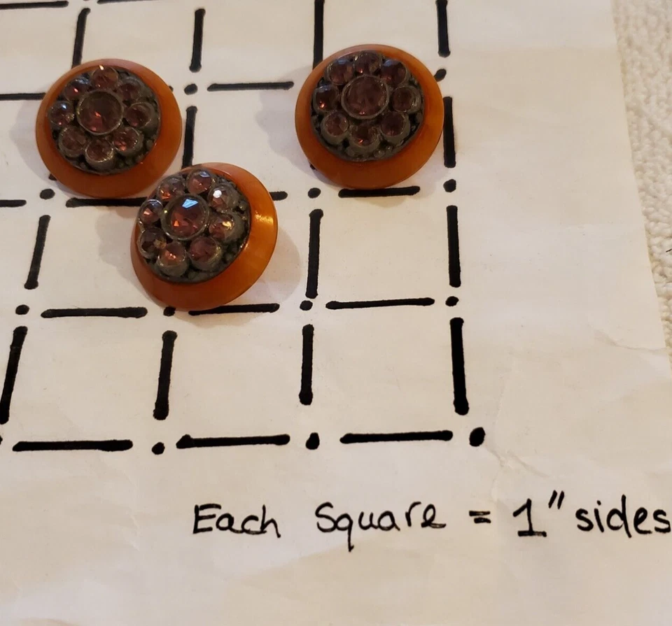 3 Vintage Bakelite & Rhinestone Buttons Marbled Butterscotch 1" Diameter - Image 2 of 4