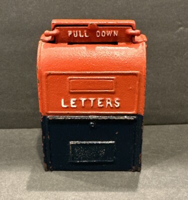Vintage Cast Iron US Mailbox Letters Bank Red & Blue Coin Bank Made In USA EUC