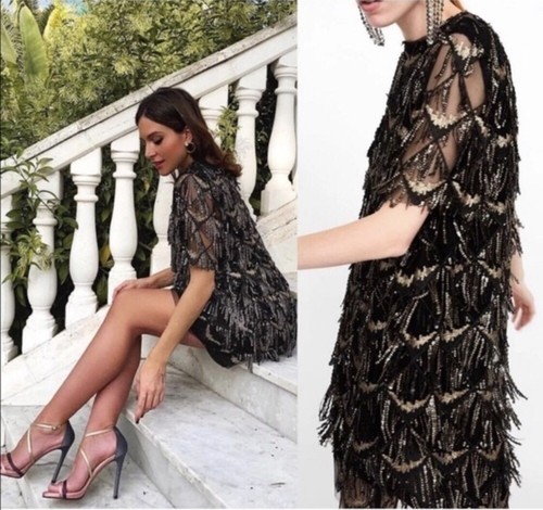 NWT ZARA BLACK SEQUIN DRESS WITH FRINGE 9628/697 - Picture 4 of 12