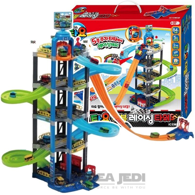 Tayo Play ミニカーセット スロープ付き Tayo ミニカー4台 + Tayo エレベーター付き 駐車場 スロープ