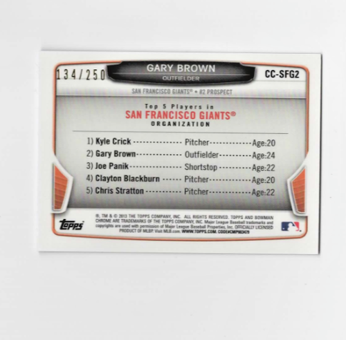 2013 Bowman Chrome Mini Blue Shimmer /250 Gary Brown Giants A-1850 - Picture 2 of 2