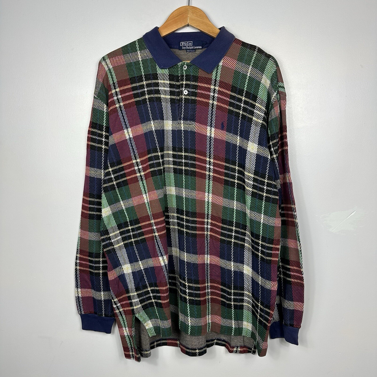 Polo Ralph Lauren Knit Polo Rugby Shirt, Tartan Made in USA Vintage, Mens XL