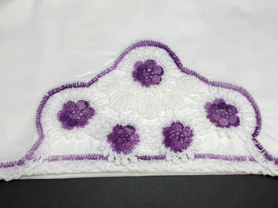 3 fundas de almohada de algodón estándar vintage con bordes de ganchillo púrpura y blanco (RF846) Foto 3 de 4