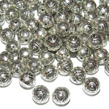 MBX7216 Antiqued Silver 10mm Round Heart Deco Metal Spacer Beads 100pc