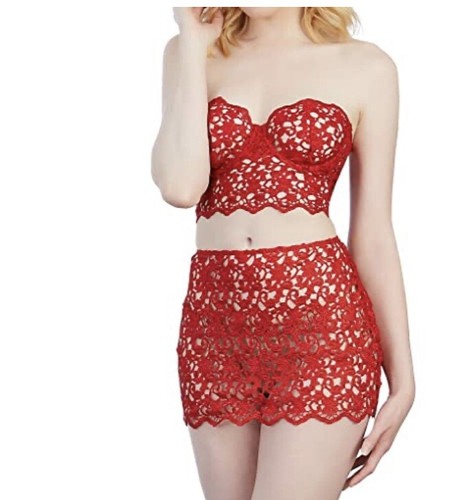 Dreamgirl Venezia set bustier e gonna in pizzo ricamati in rubino piccolo NUOVO - Foto 1 di 8