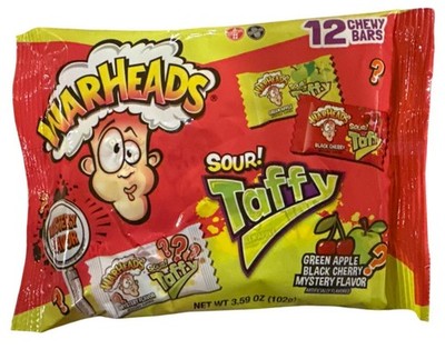 3.59oz Warheads Sour Taffy 12 Bars Green Apple+Black Cherry+Mystery Flavor Candy