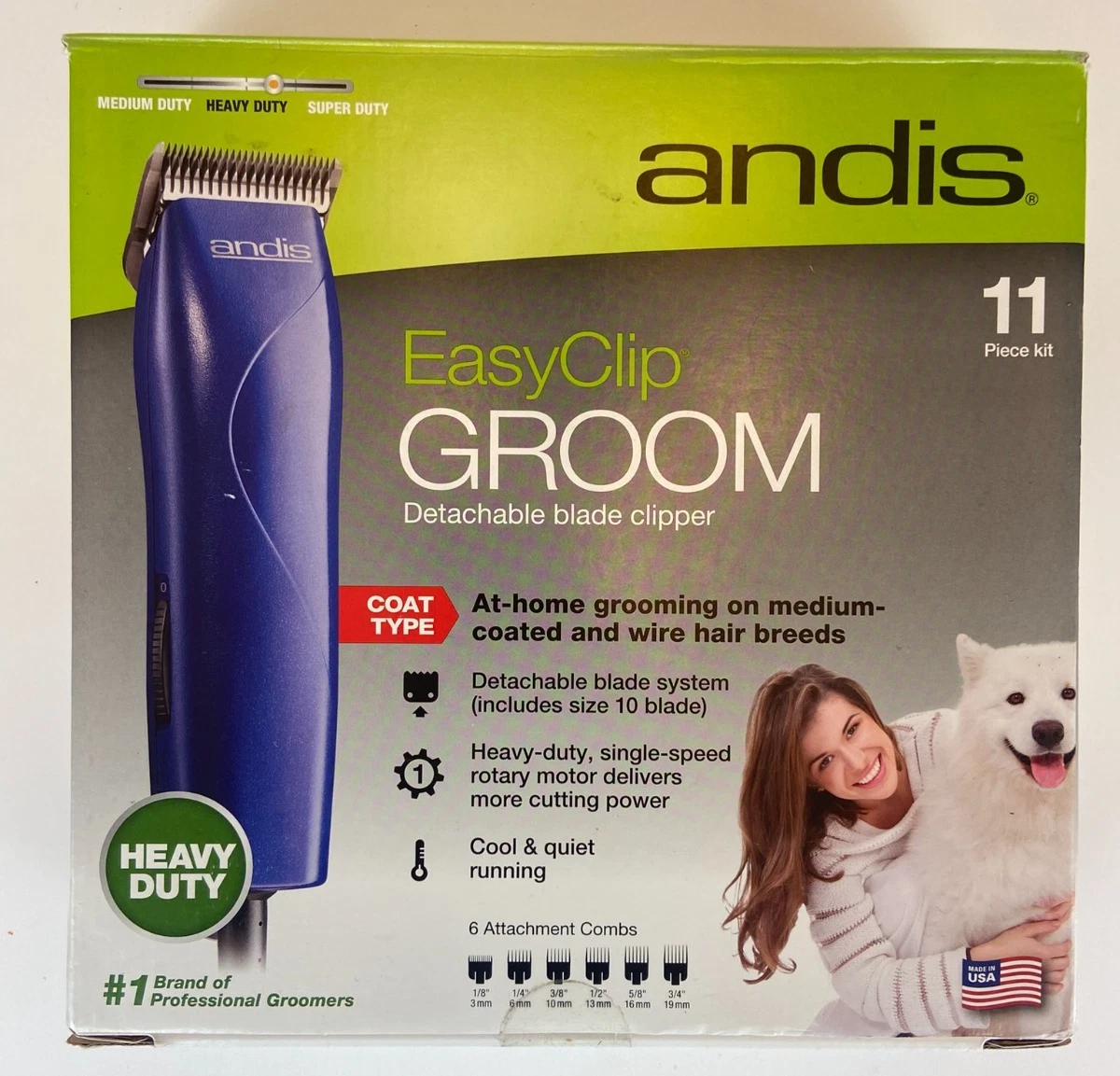 Andis 21485 Easy Clip Groom Detachable Blade Pet Dog Clipper Kit Blue w/ 6 Combs
