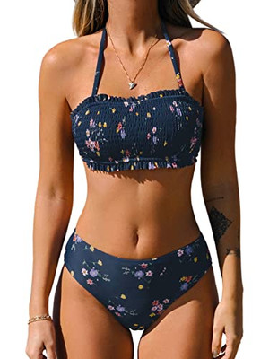 CUPSHE Bikini Women Two Piece Swimsuit Bandeau Top Back Tie Mid Waisted Large