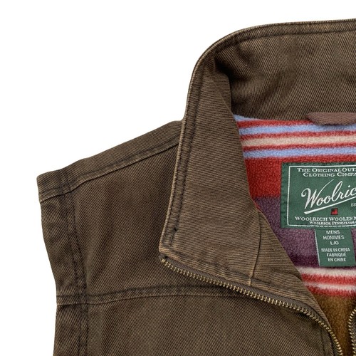 Mens L Woolrich Brown Canvas Cotton Full Zip Striped Blanket Lined Vest - Picture 3 of 12
