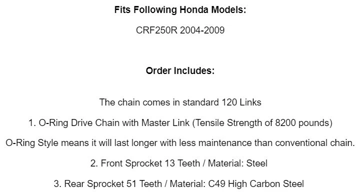 Kit de cadena de transmisión y piñón de junta tórica negra para Honda CRF250R 2004-2009 Foto 2 de 4