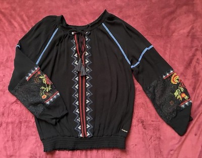 Desigual Long Sleeve Blouse Floral Black Embroidered Smocked  Women s Size M