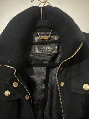 GUESS Black Mid-Length Overcoat Gold Buttons Collared Women's Coat