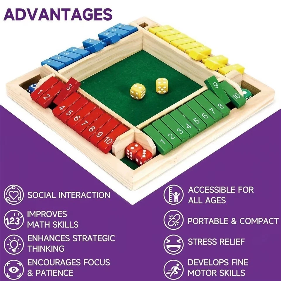 Wooden Dice Board Game Shut The Box for 4 Players Flaps & Dices Game Parent-chi* - Image 4 of 4