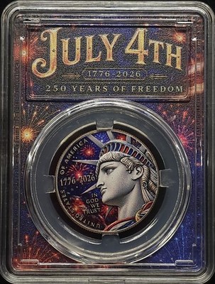 2026 50C, July 4th 250 Years Of Freedom Half Dollar In Slab- Colorized Liberty