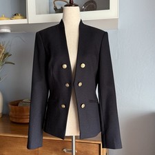 Calvin Klein Textured Open Front Jacket Gold Button Blazer Dark Navy Blue Sz 6