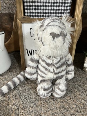 Jellycat Medium Bashful Snow Tiger Plush White Grey Stripes Stuffed BAS3SNT