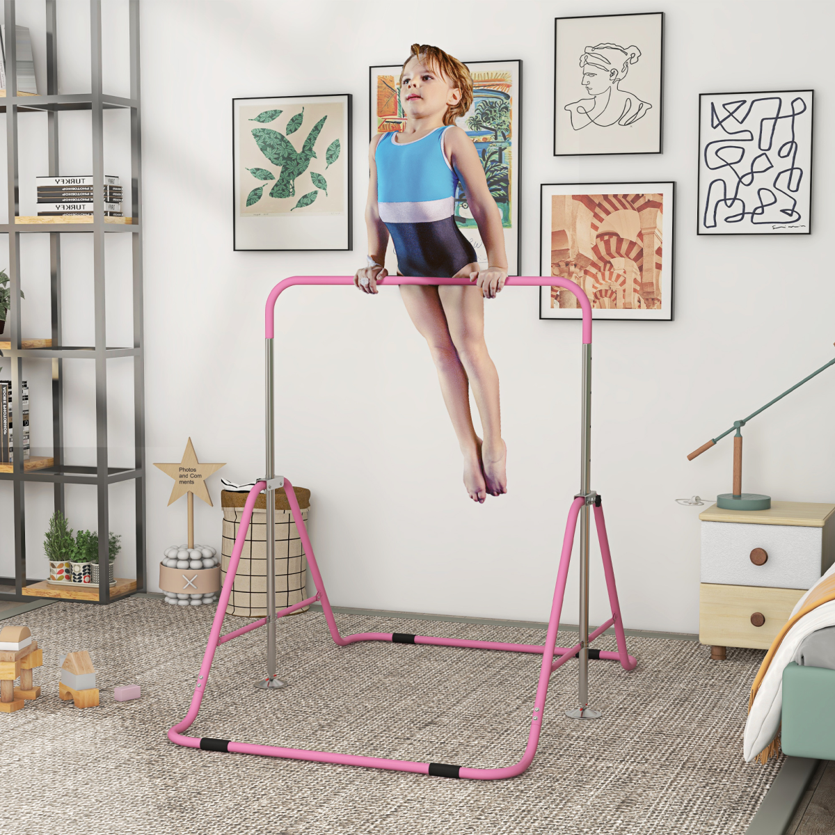 HOMCOM Kids Gymnastic Bar with Adjustable Height Foldable Training Bar - Pink