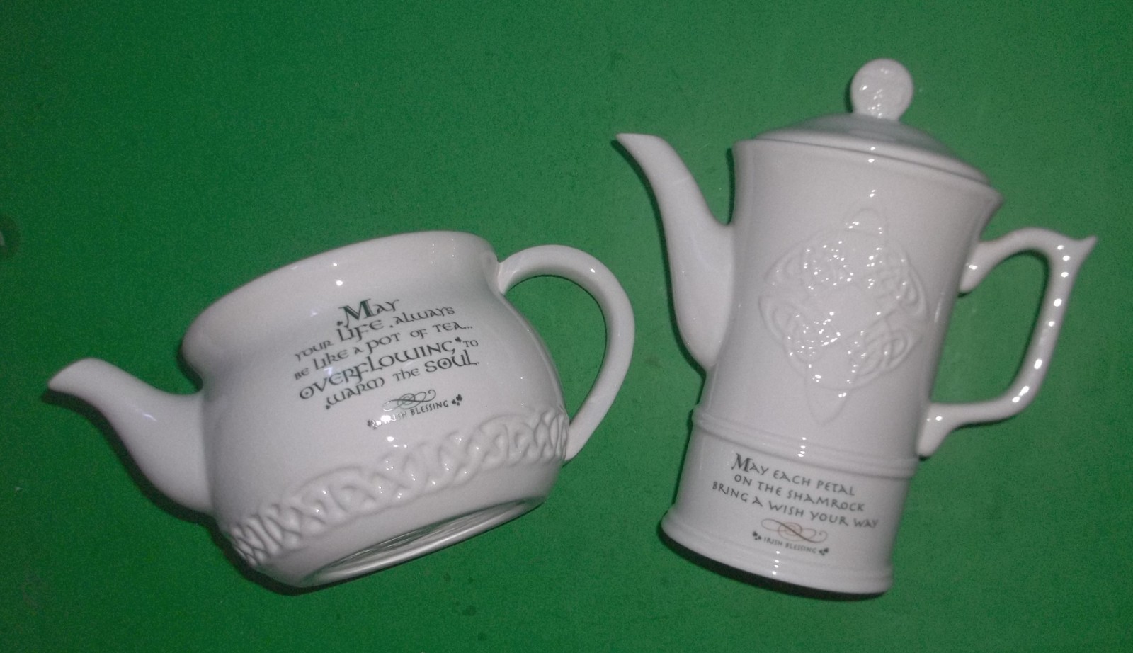 (2) Russ Berrie & Co.  Irish Blessing Teapot w/ Lid & Coffee Pot Set ~ Celtic
