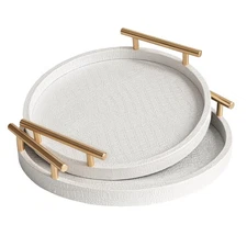 Large Serving Trays Set of 2, Modern Crocodile Leather Round Tray with Polish...