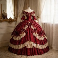 Burgundy Rococo Victorian Ball Gown Off Shoulder Lace Floral Bow Vintage Dress