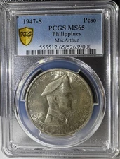 1947-S Philippines MacArthur Silver 1 Peso PCGS MS65 (000)