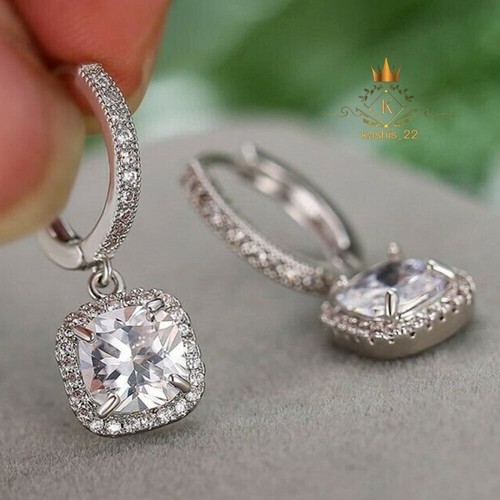 Moissanite Drop/Dangle Earrings Cushion Cut 2.50 CT 14K White Gold Gift For Her - Picture 5 of 9