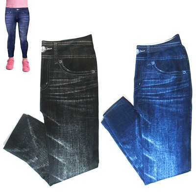 4 Girls Denim Print Leggings Stretchy Casual Jegging Pants Blue Black Kid S/M