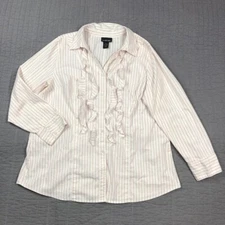 Lane Bryant Blouse Women 20 White Pink Striped Ruffle Button Shirt Office Career