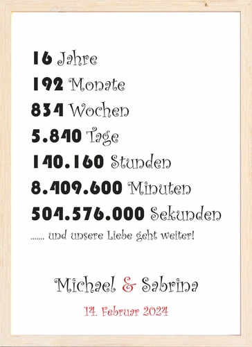 Jahrestag Hochzeitstag Geschenk 16 Jahre Geschenkidee für Paare Mann Frau DIN A4