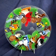 Peggy Karr Artist 11" Inch Fused Art Glass Winter Festive Birds Dinner Plate 