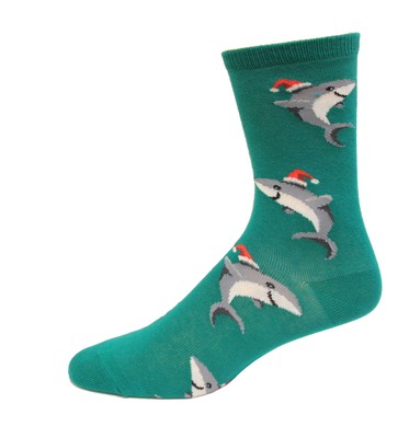 Hot Sox Men's Santa Shark Crew Sock 1 Pair, Green, Men's 10-13