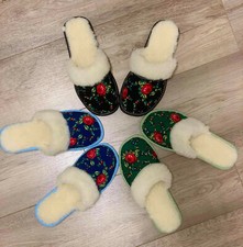 Women's 100% Leather Slippers With Sheepskin Wool Lining.