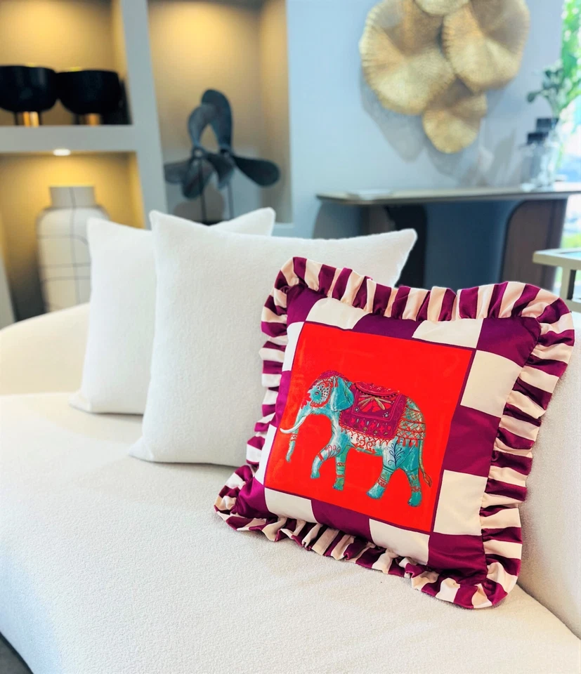 Elephant Pattern Throw Pillow For Couch - Purple Velvet Ruffled Cushion Cover - Image 3 of 4