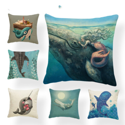 Cartoon Whale Shark Throw Pillow Narwhal Mermaid Butterfly Cushion Cover  Seaweed