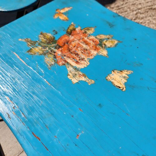 Vintage Wooden Folding TV Trays - Set of 3 Hand-Painted Blue Tables with Floral - Picture 5 of 11