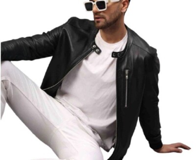 Leather Jacket Men's Vintage Biker Motorcycle Bomber Men Racer Soft Zip Black 11