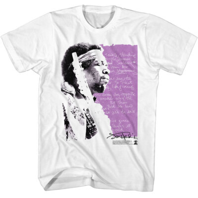 Jimi Hendrix Authentic T-Shirt Hand Written Lyrics Guitarist Mens White Cotton