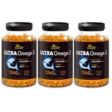 3 Bottles Ultra Omega 3 Fish Oil, DHA/EPA 1260 mg (900 Smaller Softgels) USA