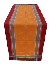 French Provencal Jacquard Coated Table Runner Olives Orange/Red Made in France