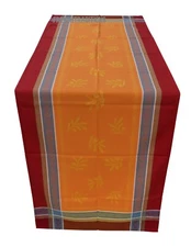 French Provencal Jacquard Coated Table Runner Olives Orange/Red Made in France