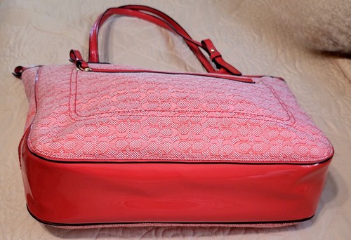Coach Red Handbag Poppy Oxford Signature Shoulder Jacquard Gold #25051 EXCELLENT - Picture 7 of 11