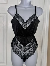 VTG Black Nylon Lace Teddy Romper Bodysuit Lingerie S 80s