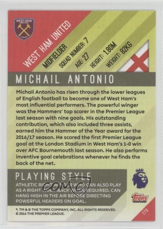 2017-18 Topps Premier League Gold Terrace Hero Green /100 Michail Antonio #170 - Image 2 of 2