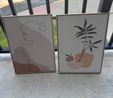 Set of 2 Framed Modern Abstract Art Prints, Minimalist Neutral Colors, Vertical