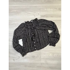 American Eagle Top Womens Outfitters Plaid Ruffled Neck Black White Size S