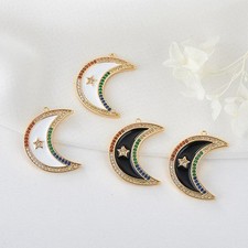 1PC 18K Gold Plated Brass CZ Pave Enamel Star Crescent Moon Charm GZX215