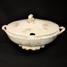 GDA Charles Field Haviland Soup Tureen Round Covered Gold Pink Roses HTF Limoges