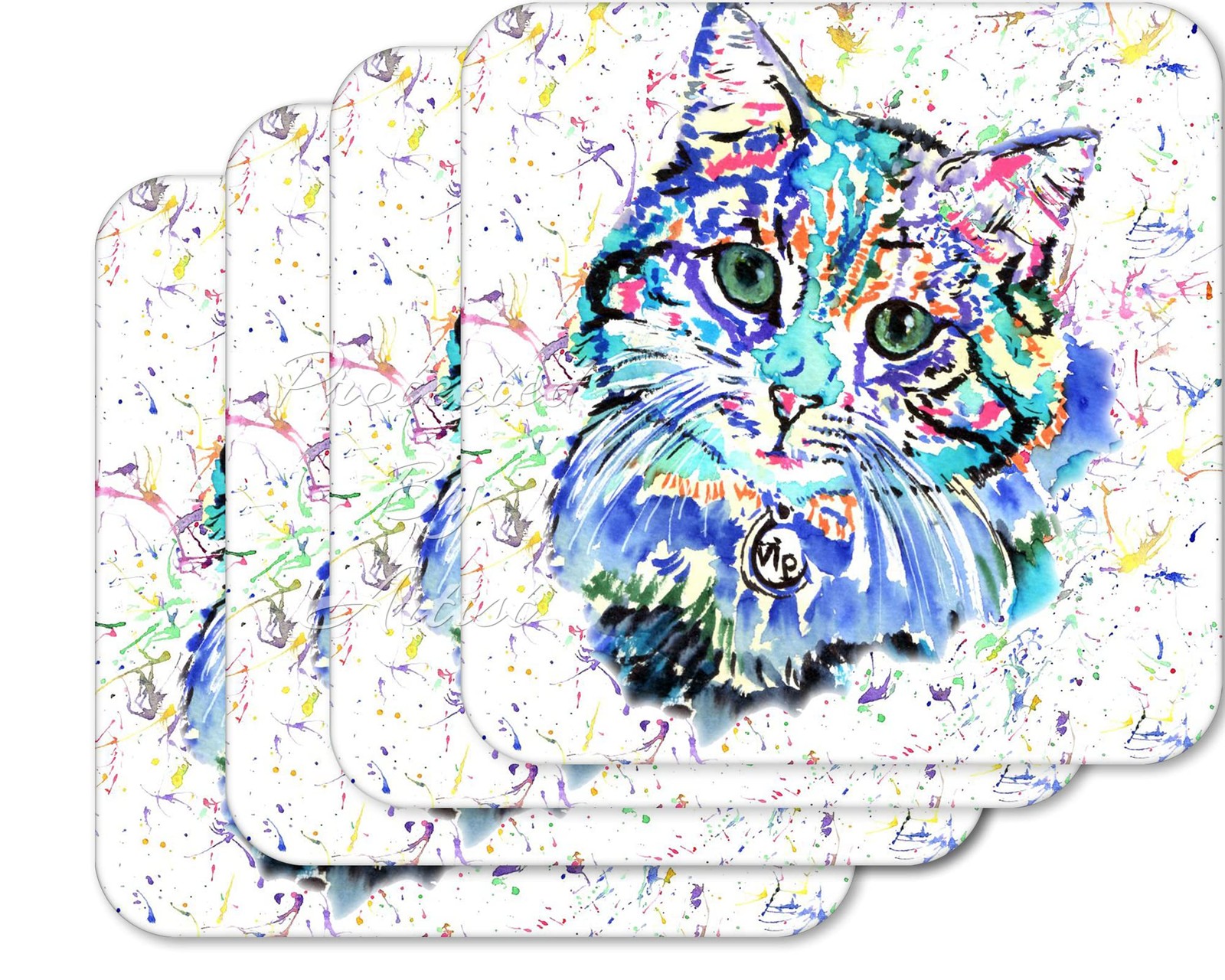 Coaster Cat Blue Feline Pet Animals Coasters Watercolour Art Gift Work Office