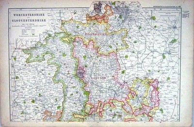 Antiker Druck Karte Worcestershire Gloucestershire England Worcester Evesham